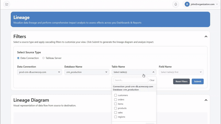 Tableau impact analysis showing affected dashboards, worksheets, and calculated fields when a source field changes