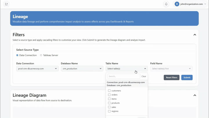 Tableau impact analysis showing affected dashboards, worksheets, and calculated fields when a source field changes