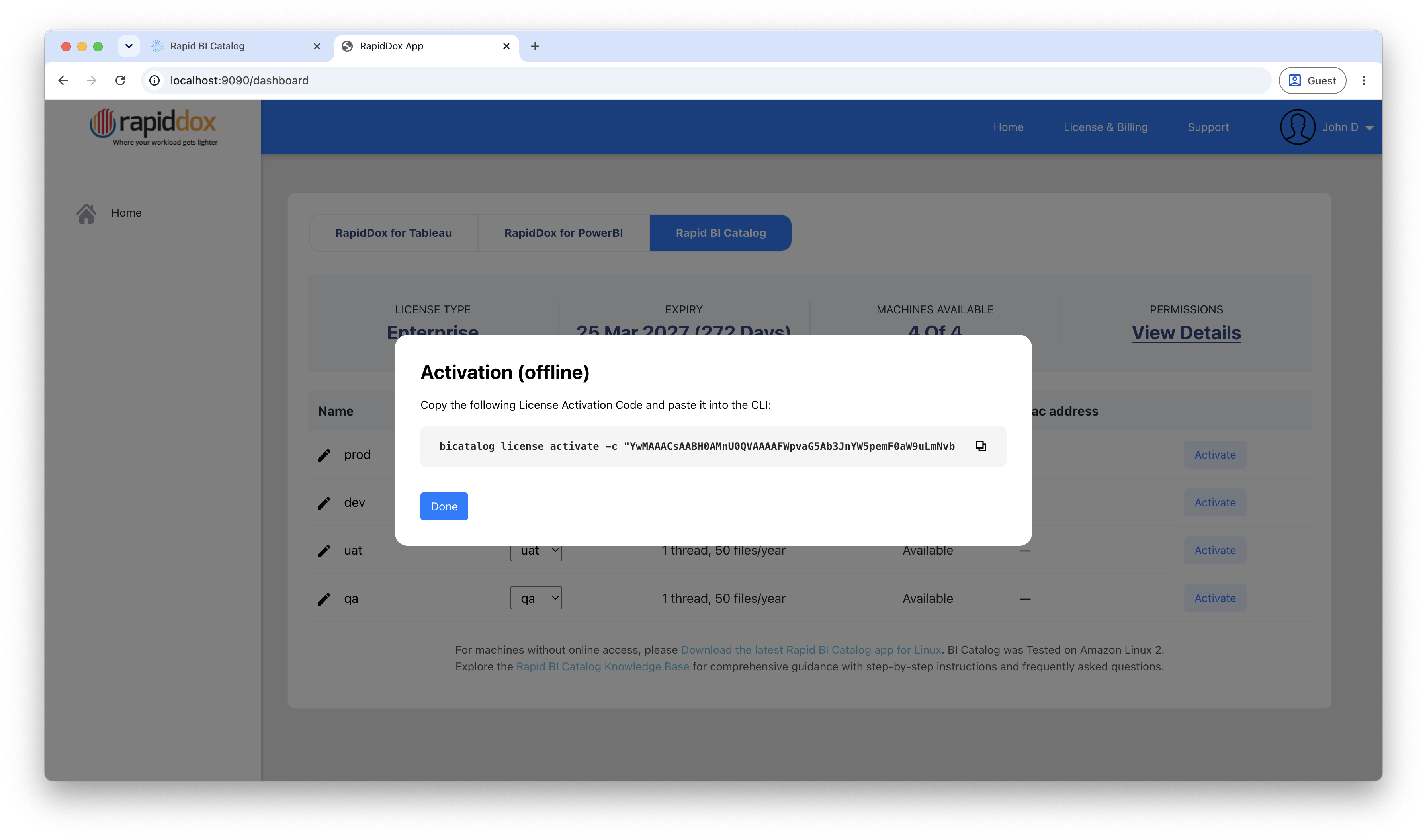 Generate a License Activation Code in the portal