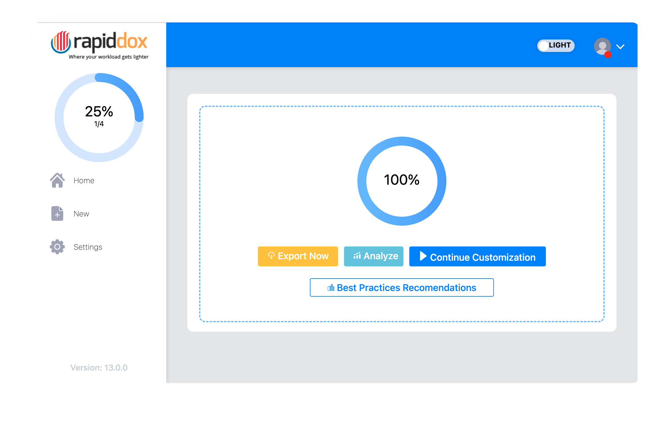 RapidDox results screen showing Export Now, Analyze, and Continue Customization buttons after a file is processed.