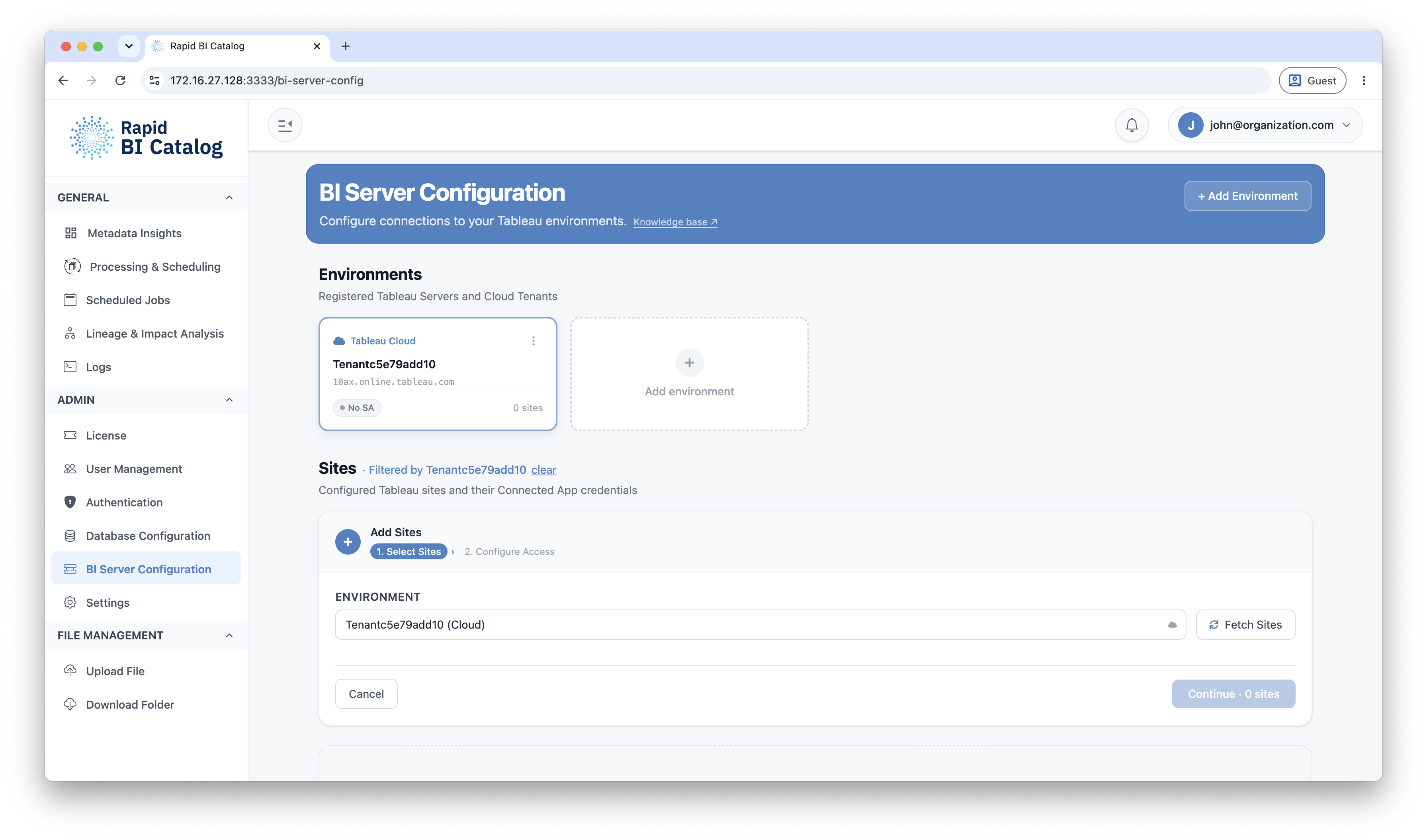 Configure Tableau sites