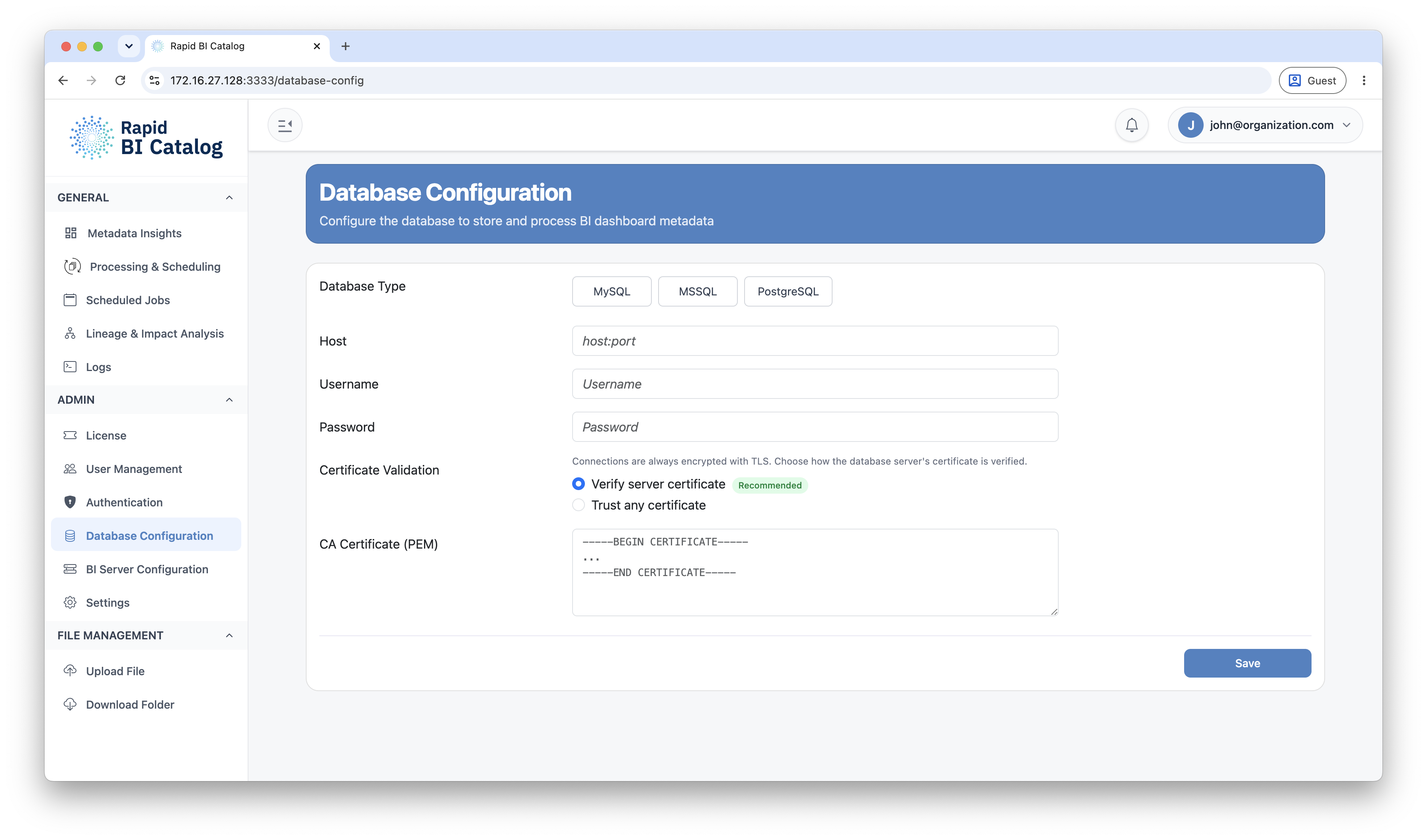 Database configuration form