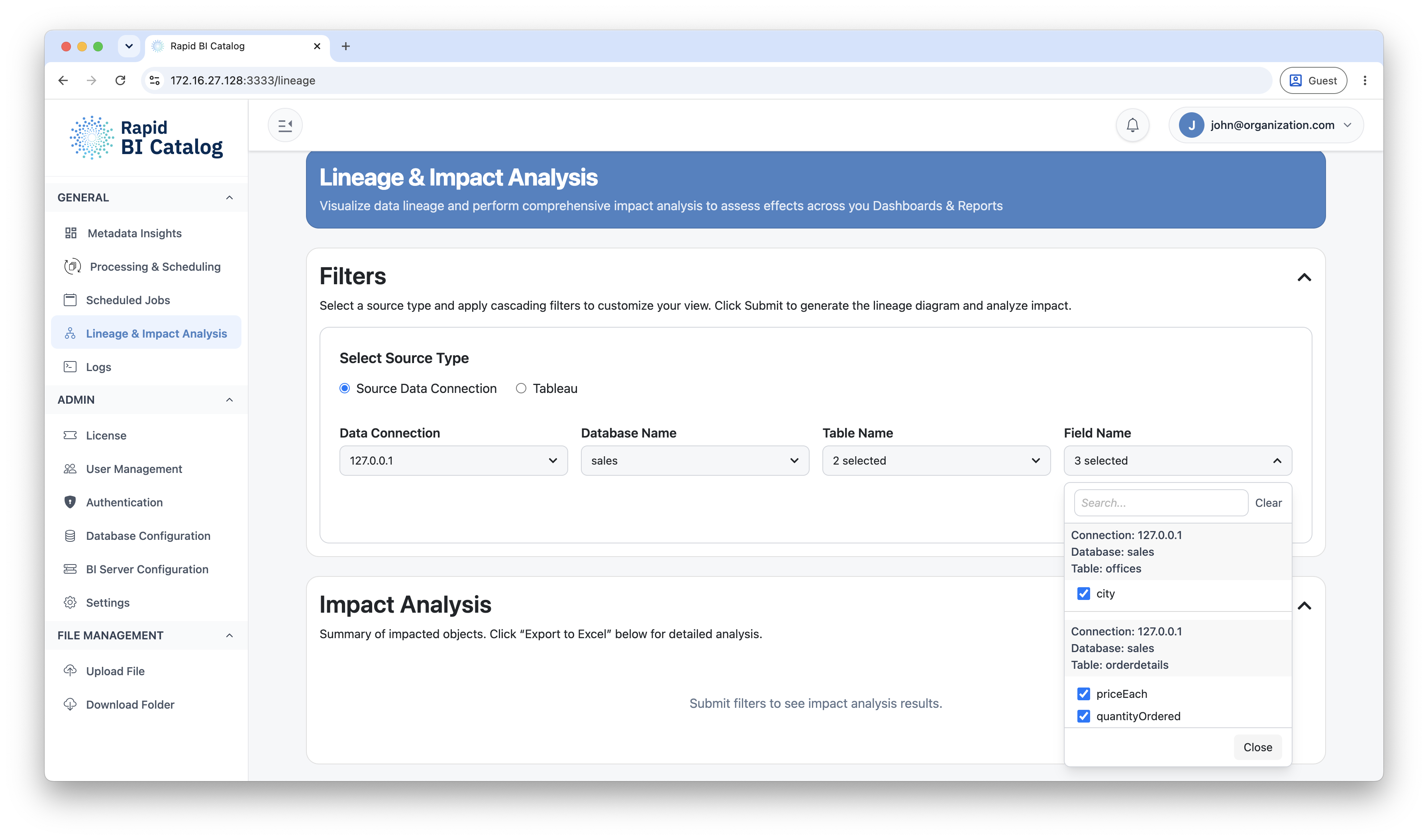 Lineage & Impact Analysis filters