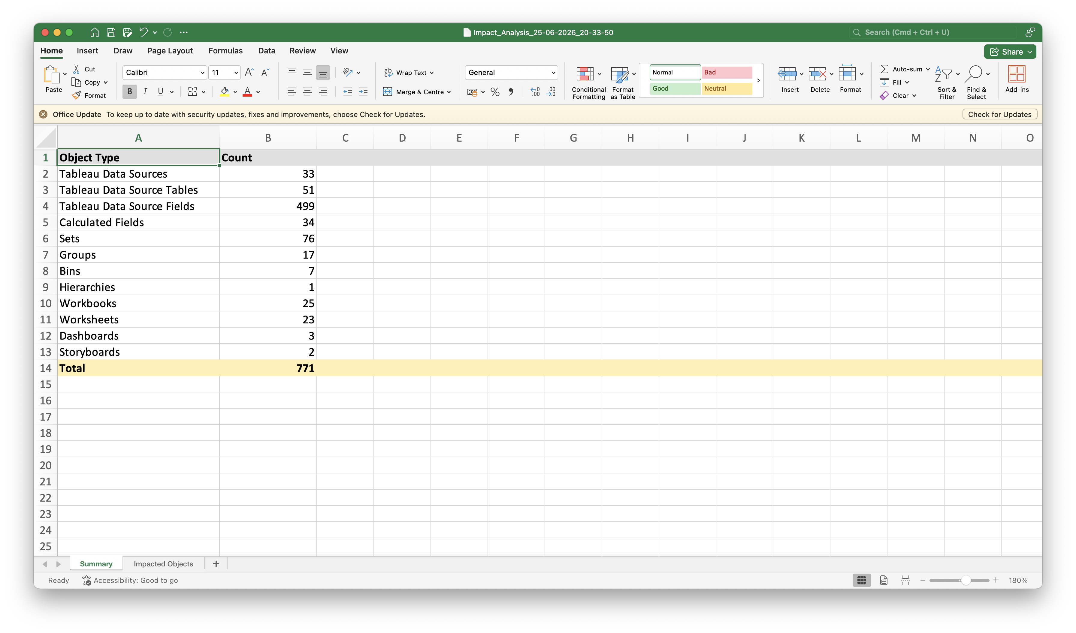 Excel export — Summary sheet