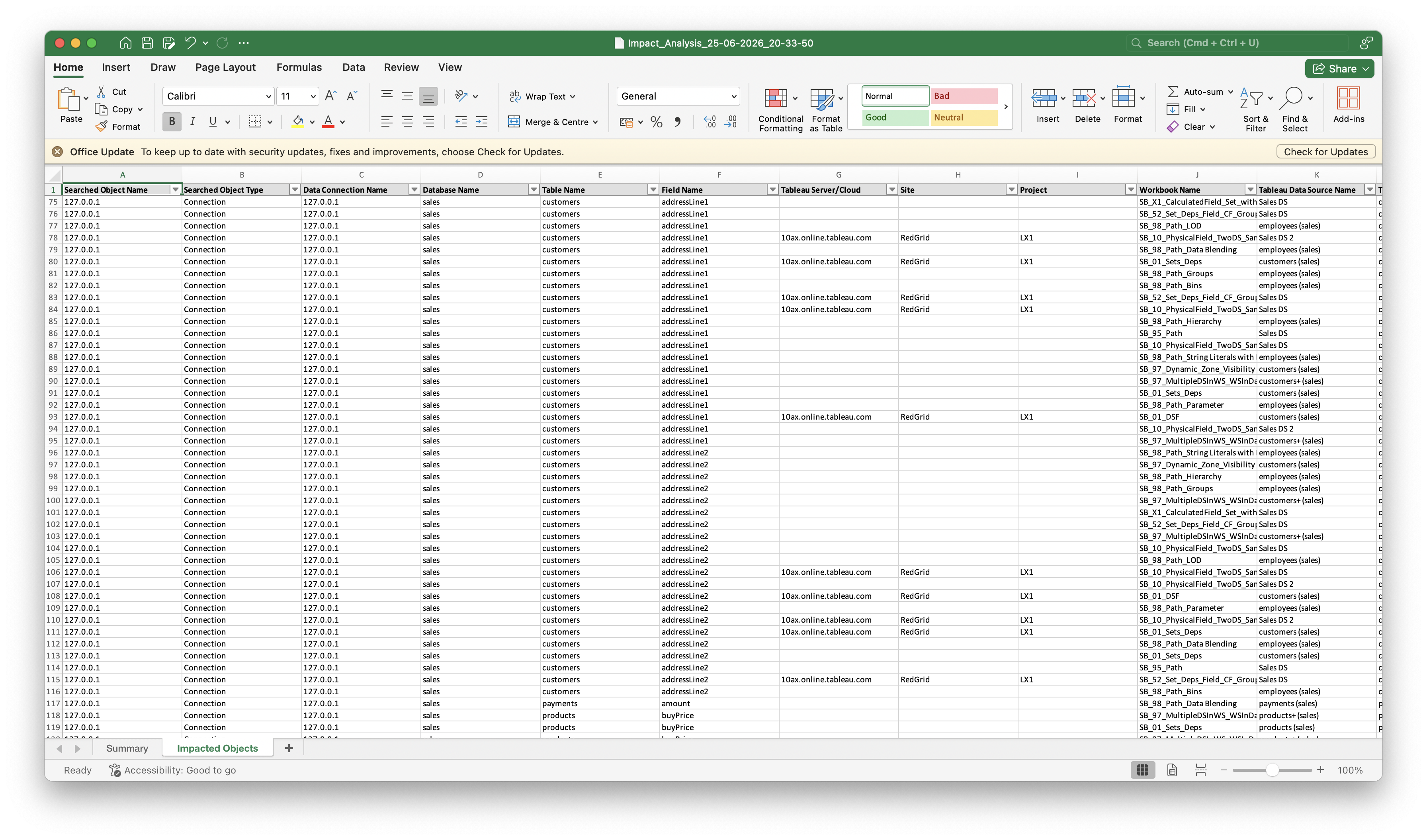Excel export — Impacted Objects sheet