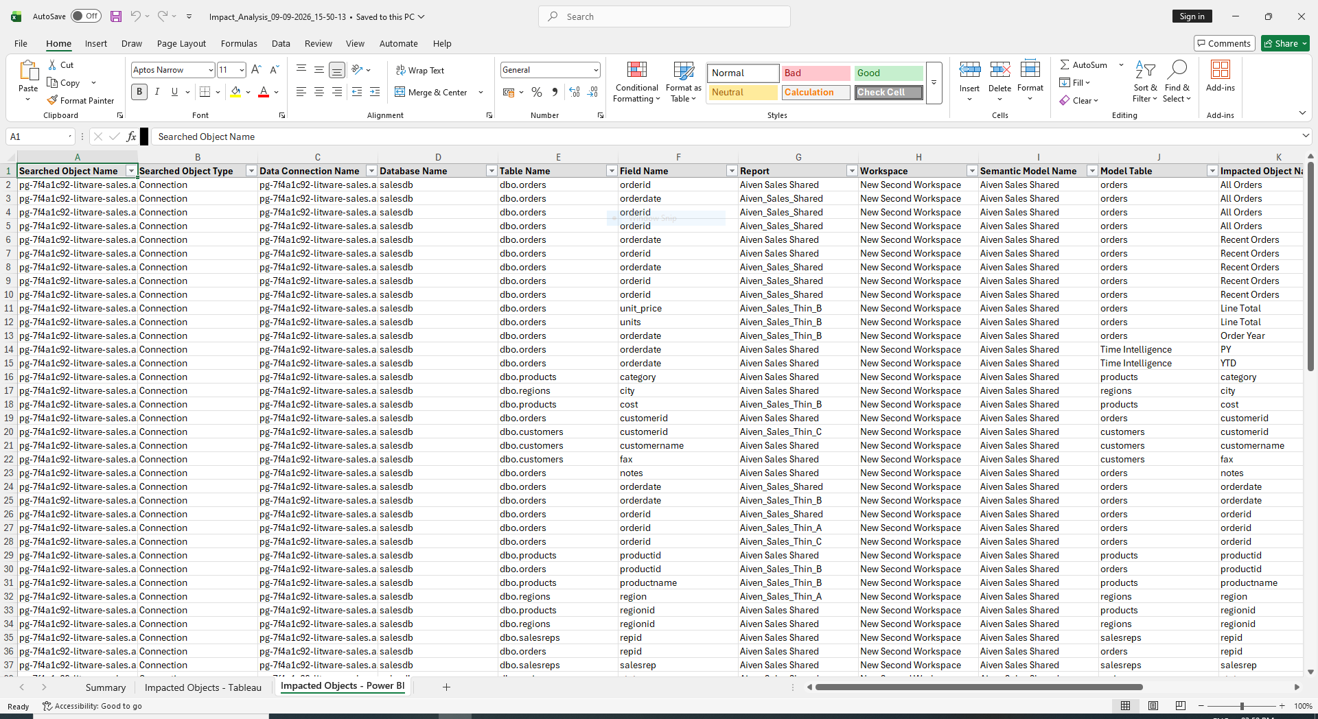 Excel export — Impacted Objects sheet for Power BI
