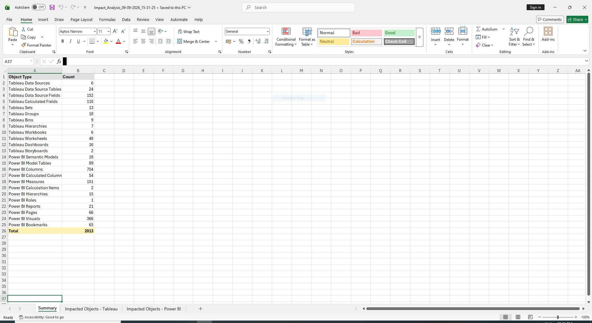 Excel export — the three sheet tabs