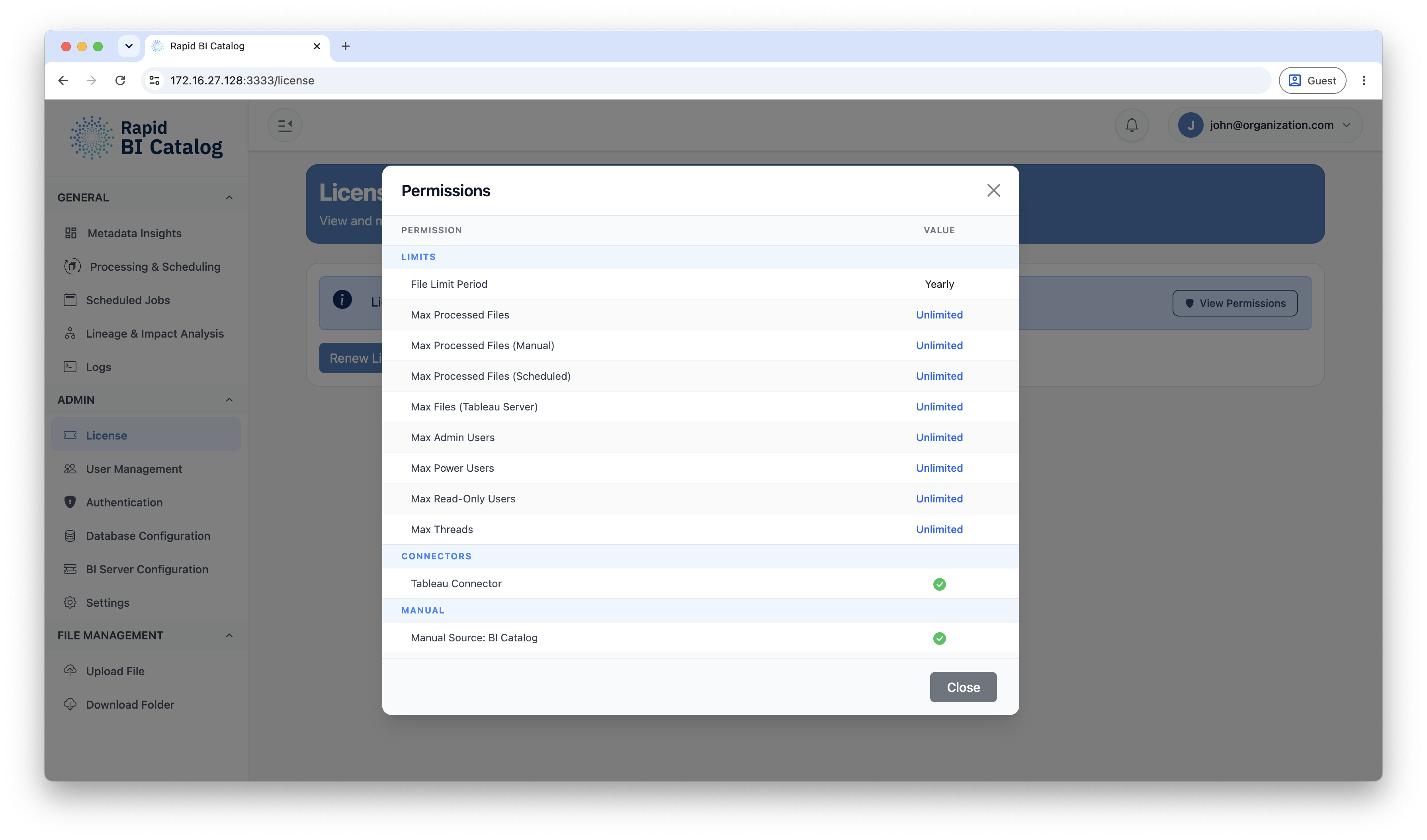 Permissions modal