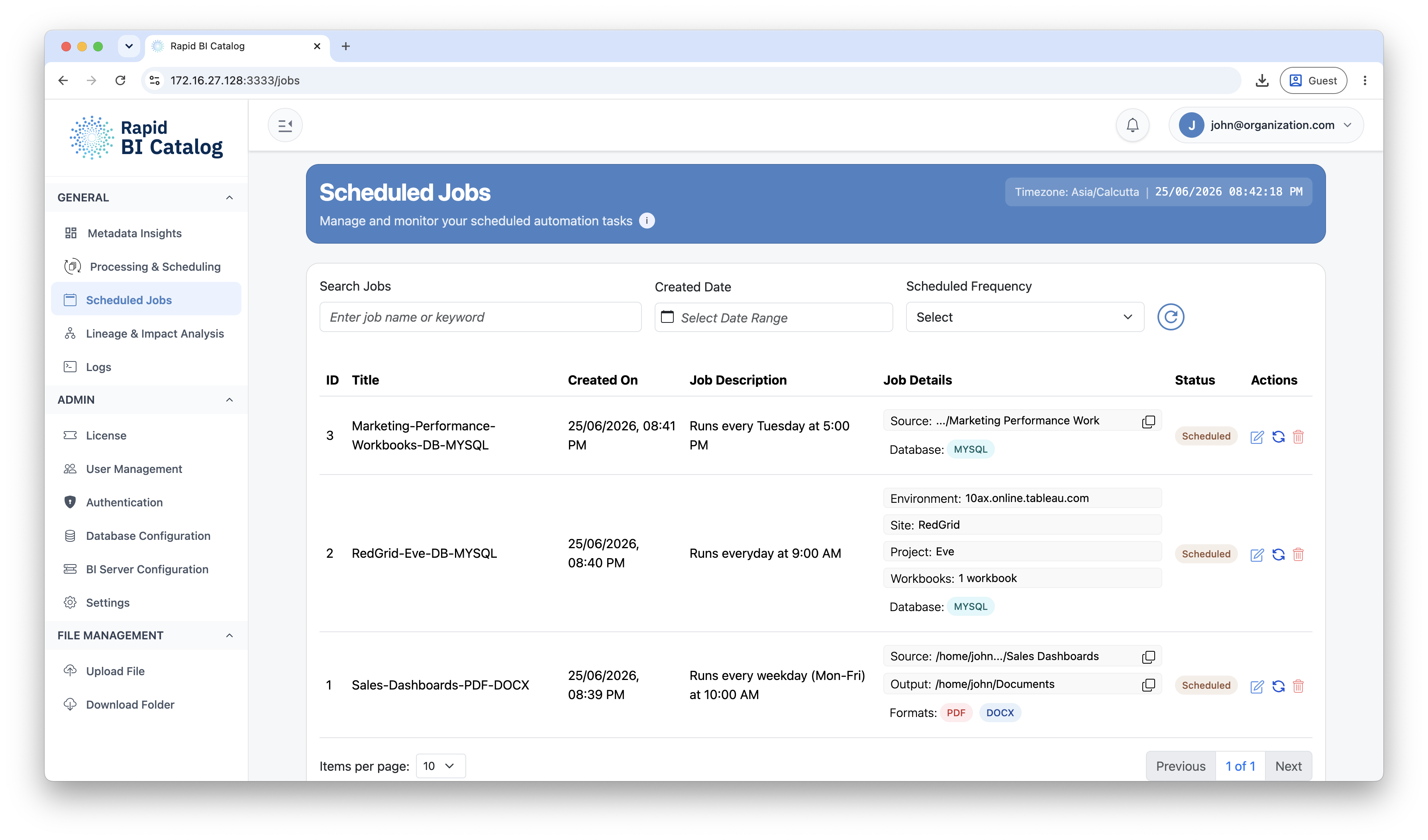Scheduled Jobs page