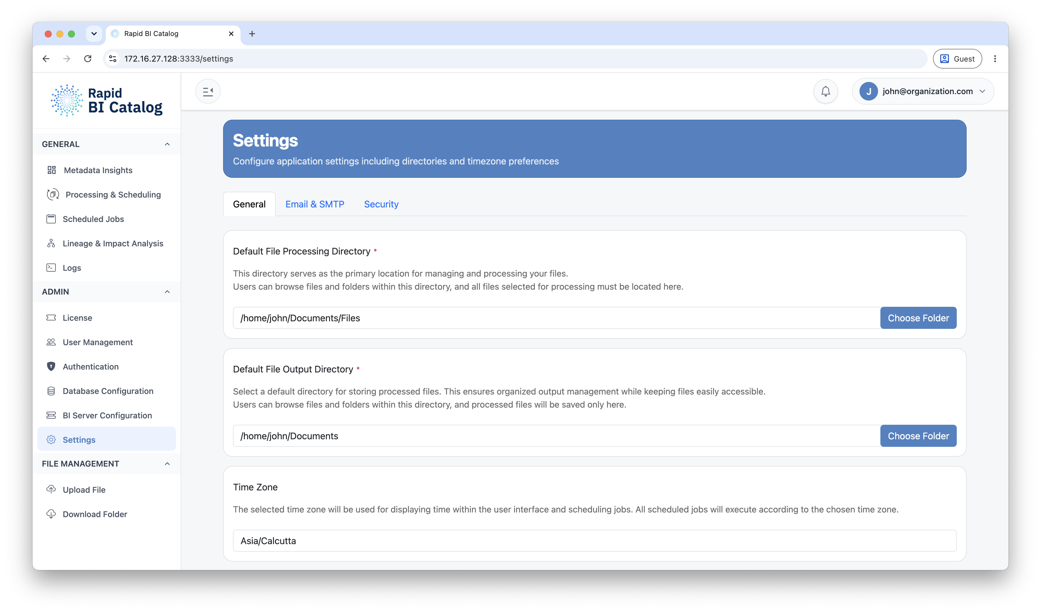 Settings page