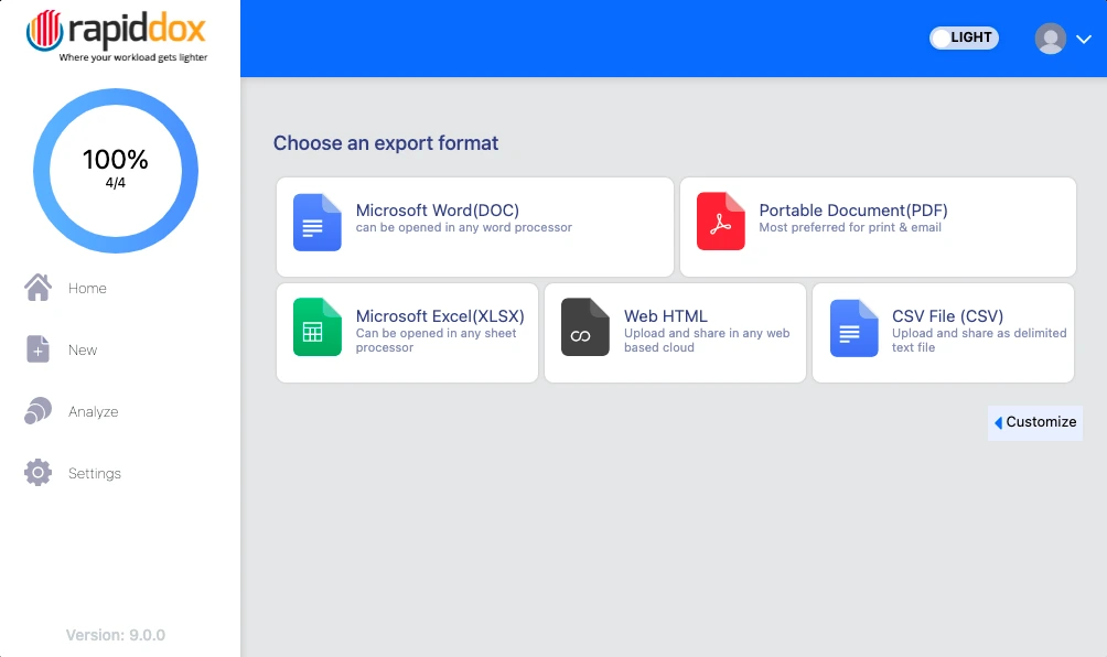 RapidDox Power BI export options showing Word, Excel, PDF, HTML, and CSV outputs