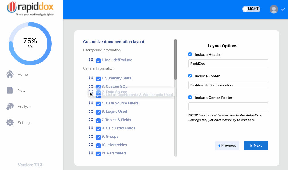 RapidDox customization interface showing section toggles for Tableau workbook documentation