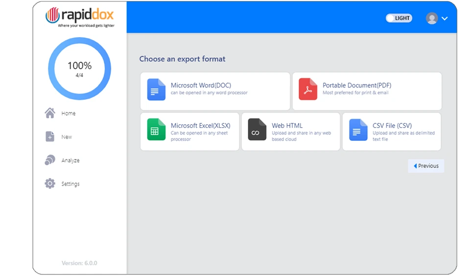 RapidDox export options showing Word, Excel, PDF, HTML, and CSV outputs for Tableau documentation